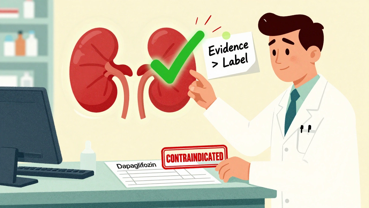 Pharmacy scene with insurance stamp vs. medical evidence in cartoon illustration