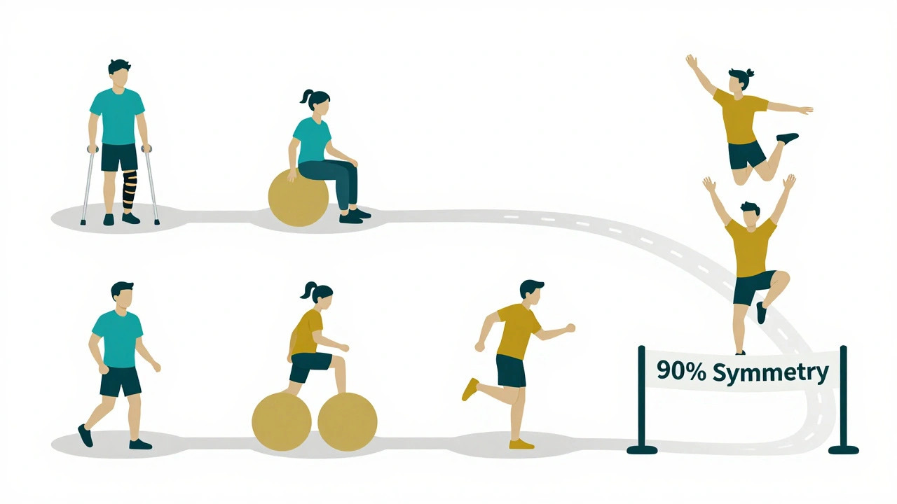 Recovery journey path showing progression from crutches to athlete leaping over symmetry finish line.