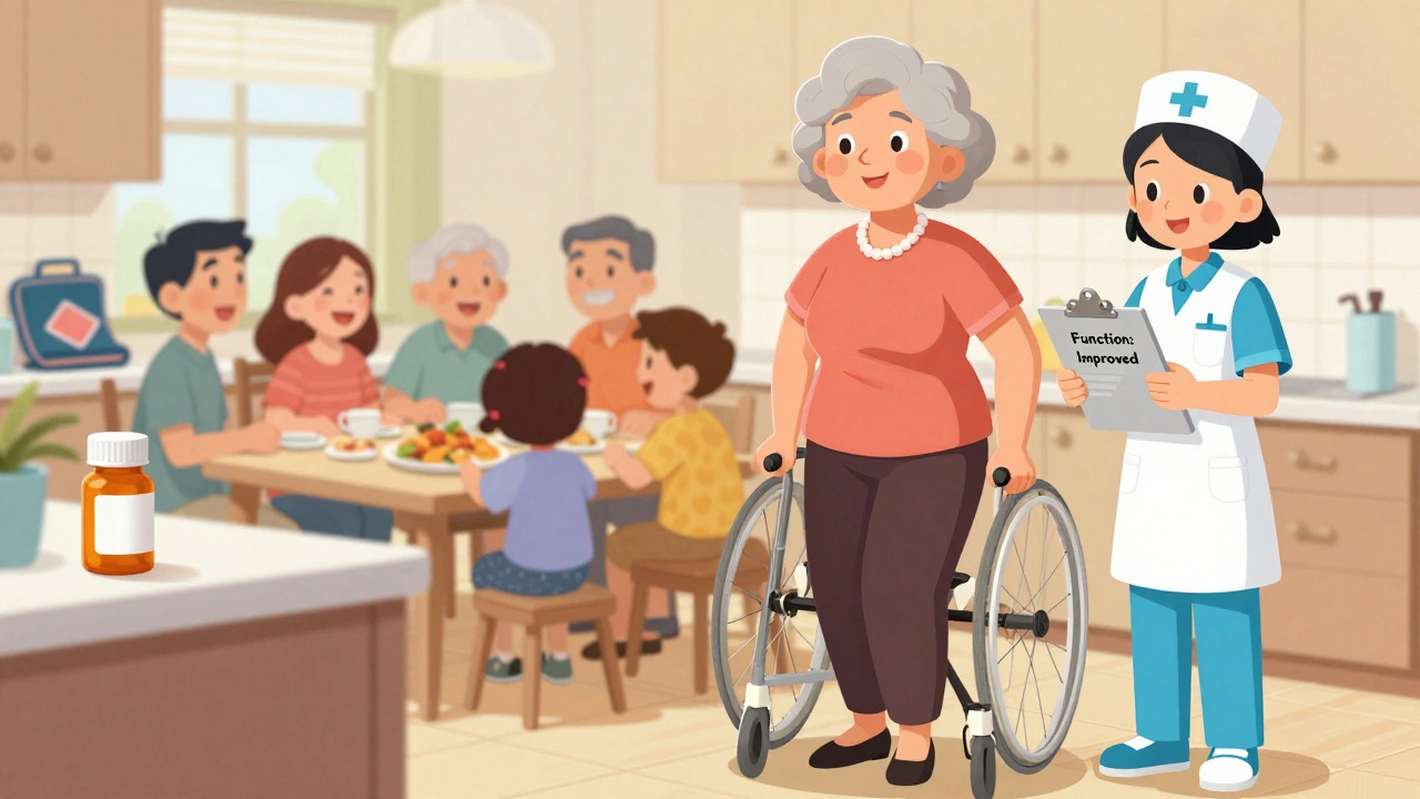 Senior woman balancing on one foot, smiling with family nearby, showing improved function and independence.