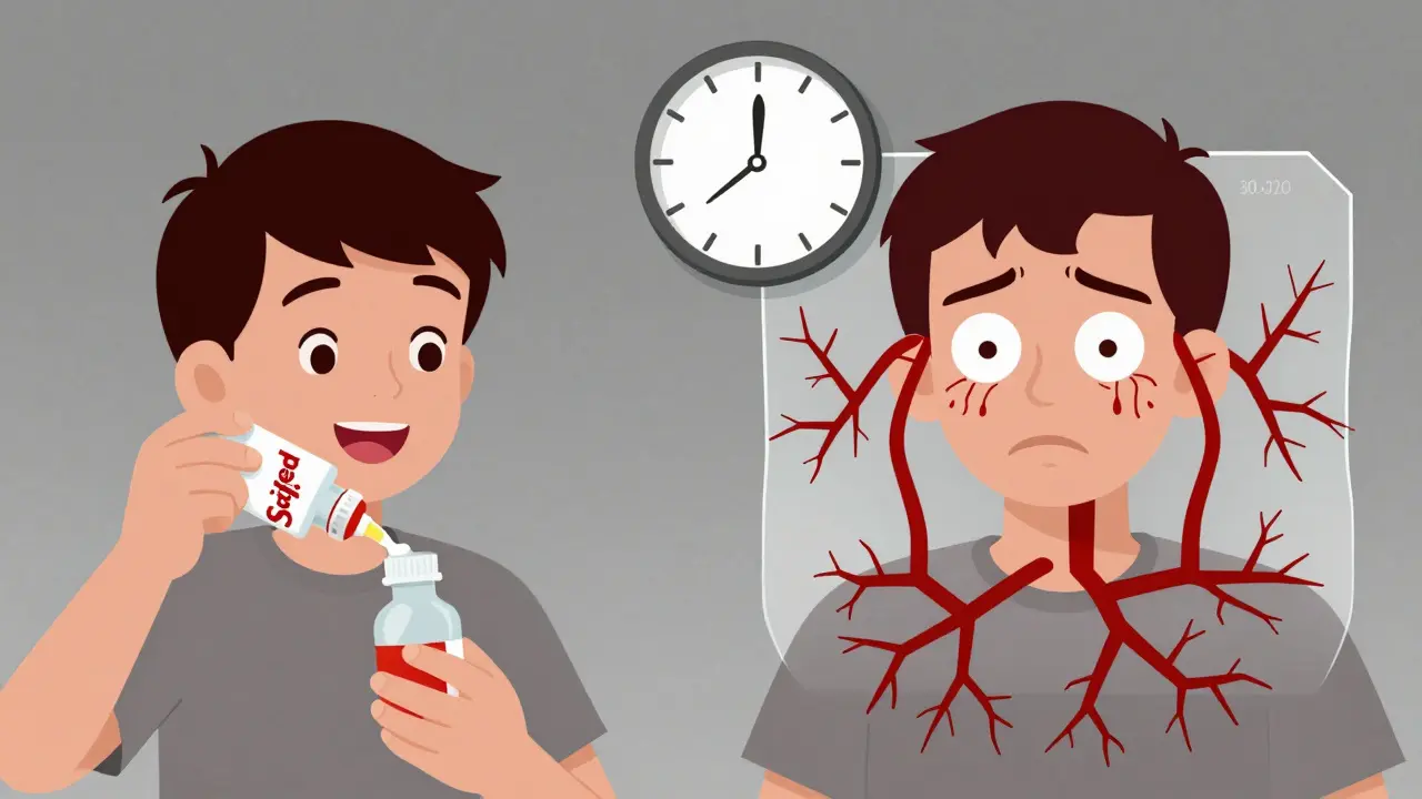 Split scene of a person taking cold medicine, then suffering a hypertensive crisis with throbbing veins.