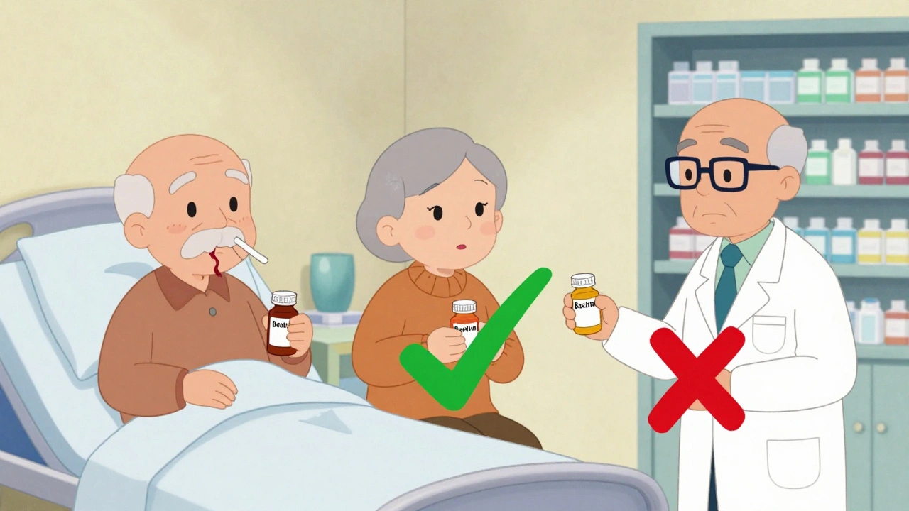 Three elderly patients, one receiving safe antibiotic instead of Bactrim, with green checkmark.