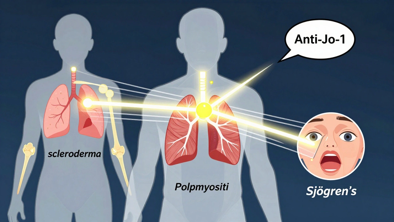 Transparent human silhouette showing three interconnected autoimmune pathways converging on a single antibody marker.