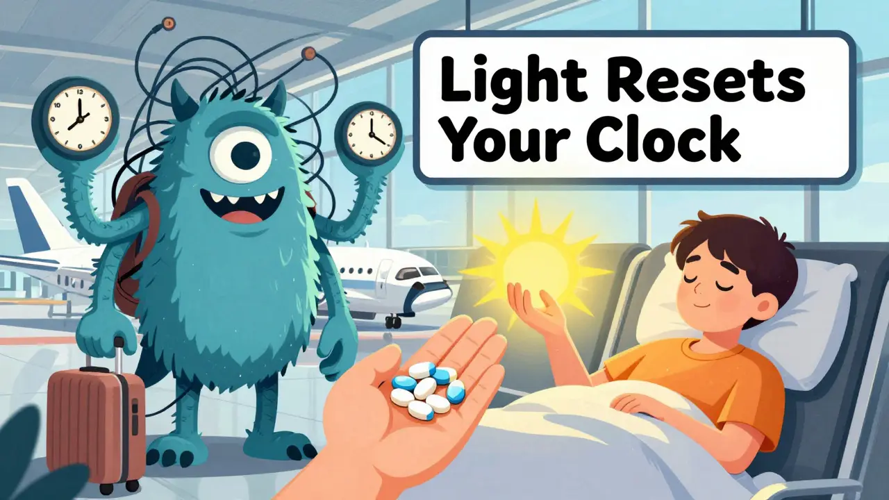 Traveler holding melatonin pills as sunrise light defeats a jet lag monster with clock limbs.