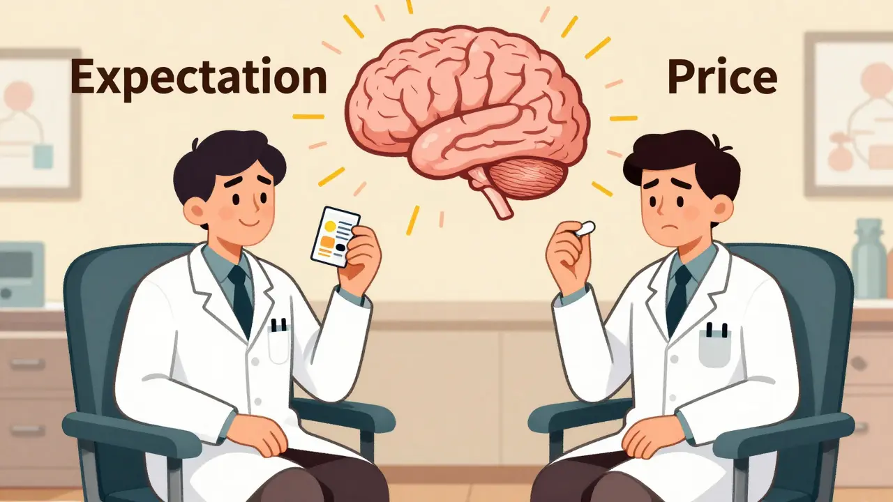 Two people in a doctor's office taking the same pill, one happy and one unhappy, with a brain emitting expectation rays.