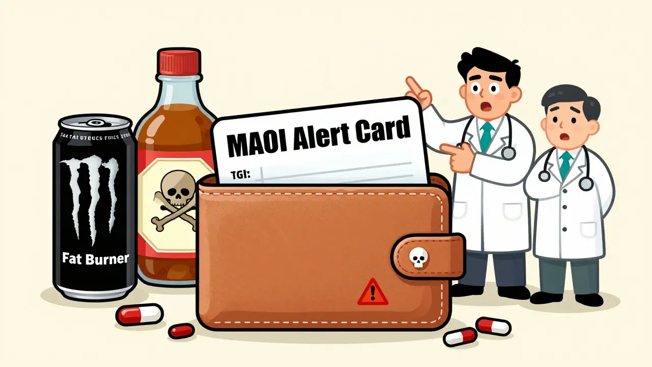 Wallet with MAOI alert card surrounded by dangerous supplements and pills in stylized cartoon form.