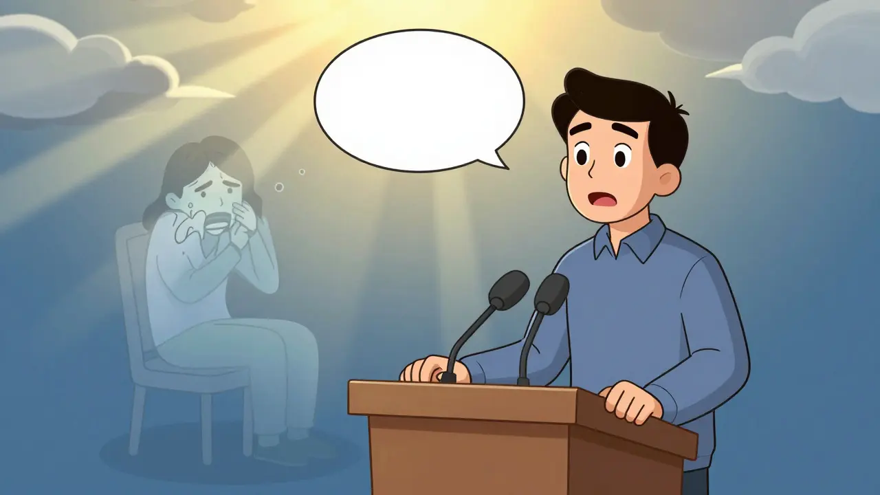 A confident speaker standing tall as a fading ghost of their anxious past disappears behind them.