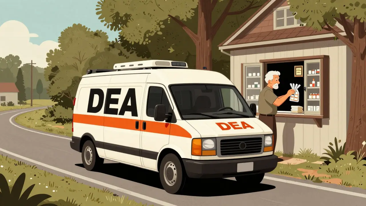 A mobile DEA collection van receives medications from a rural resident at their home.