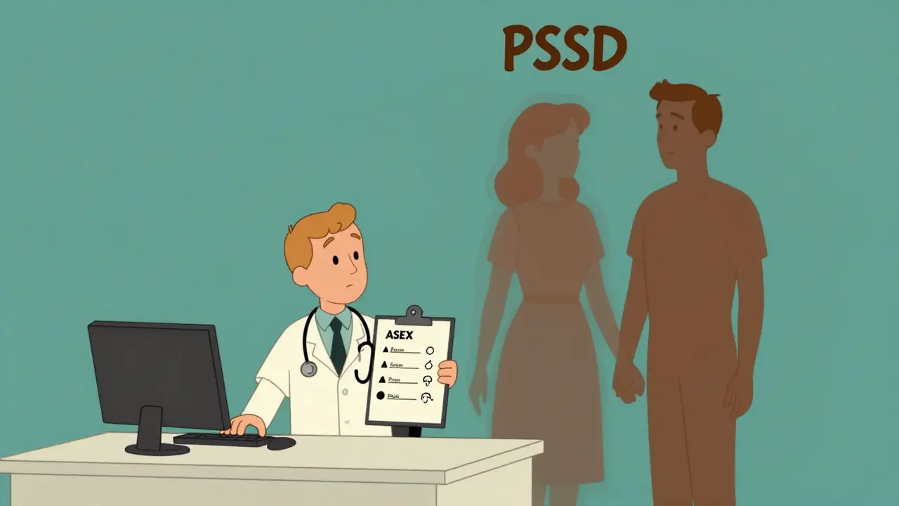 A patient at a doctor's desk with the ASEX scale, while a ghostly PSSD shadow looms behind.