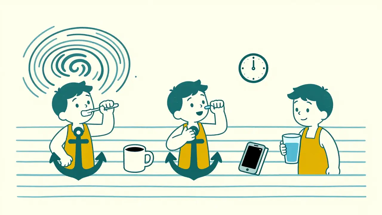 A person following three simple daily anchor habits—brushing teeth, taking medicine, drinking water—with calm visuals replacing chaos.