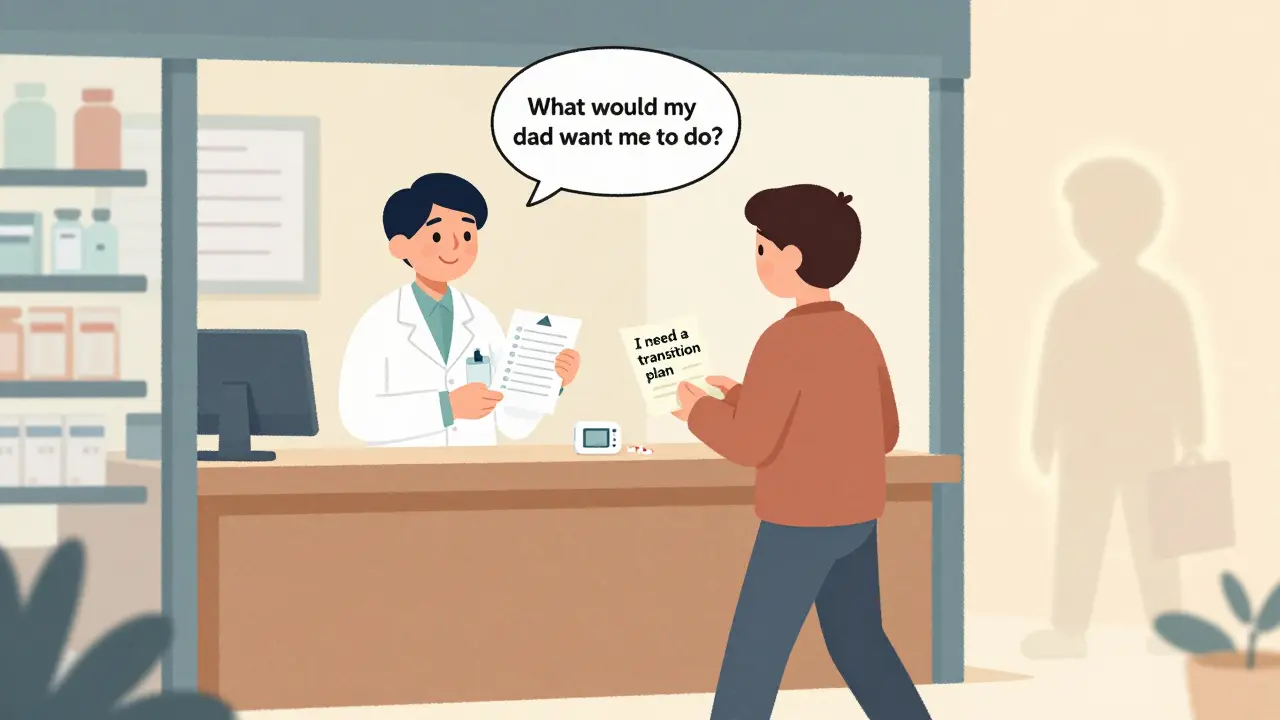 A person receiving a transition checklist from a pharmacist, with a subtle memory of a loved one guiding their health choice.