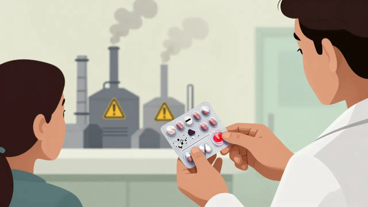 A pharmacist hands out inconsistent pills while a distant factory emits warning smoke.