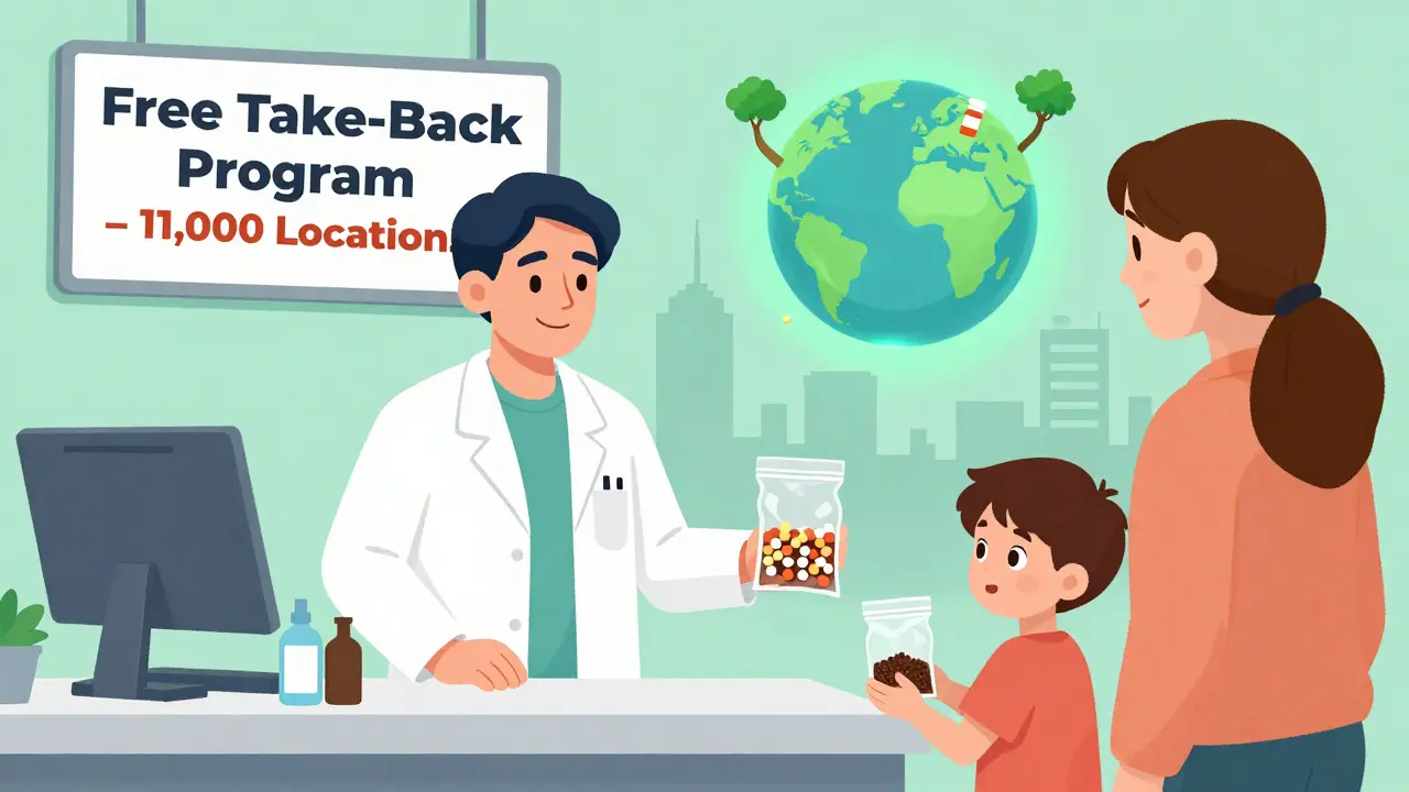 A woman donating expired meds at a community take-back station with a glowing Earth in the background.