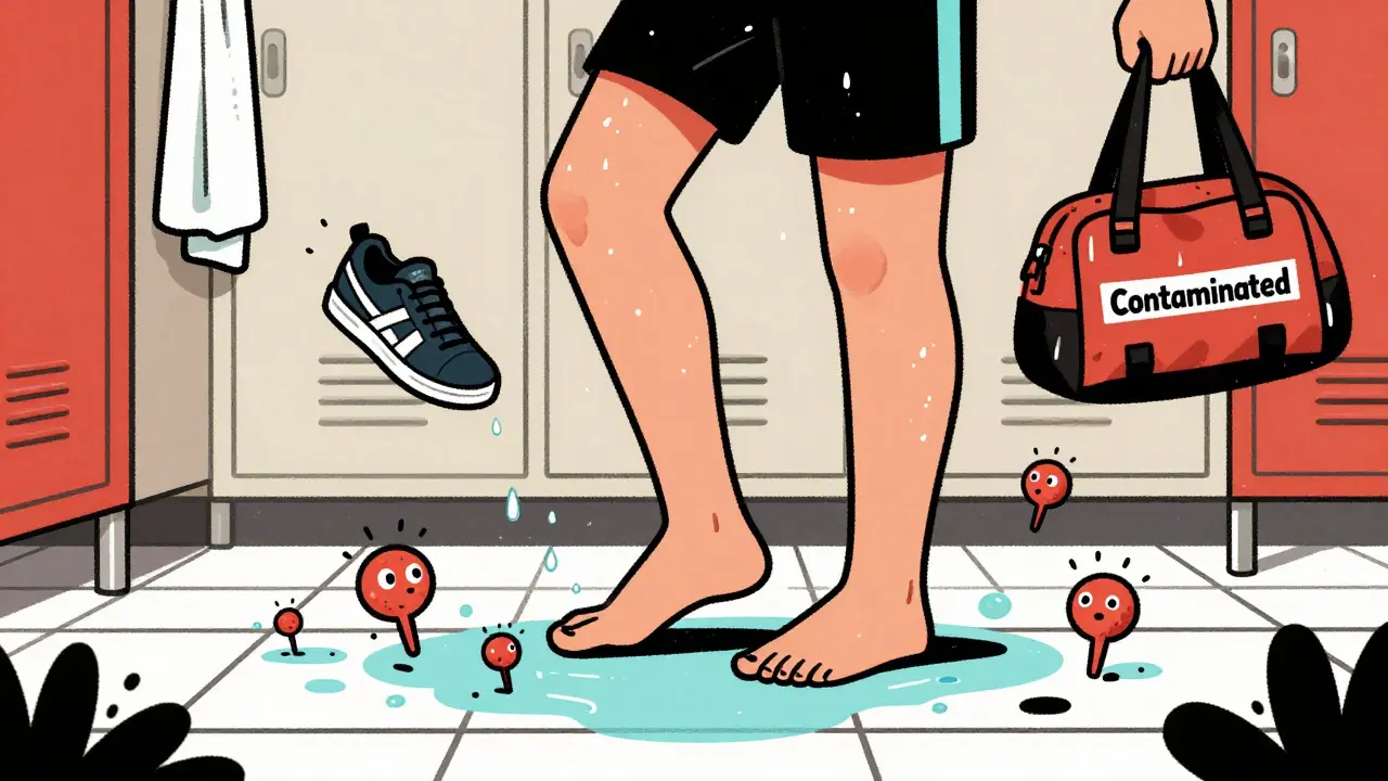 Athlete stepping from shower onto floor with jumping fungal spores, contaminated towel and shoes nearby