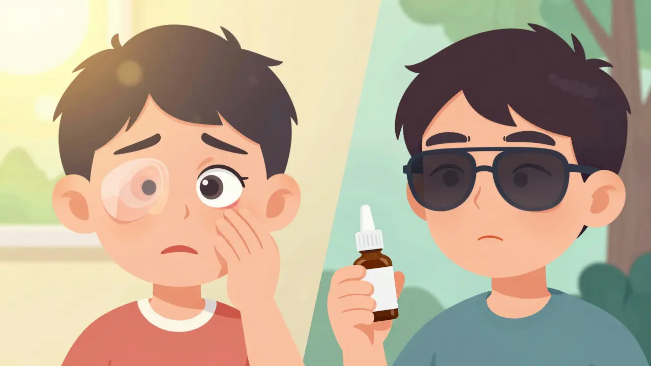 Before and after pterygium surgery: growth removed, patient wearing sunglasses