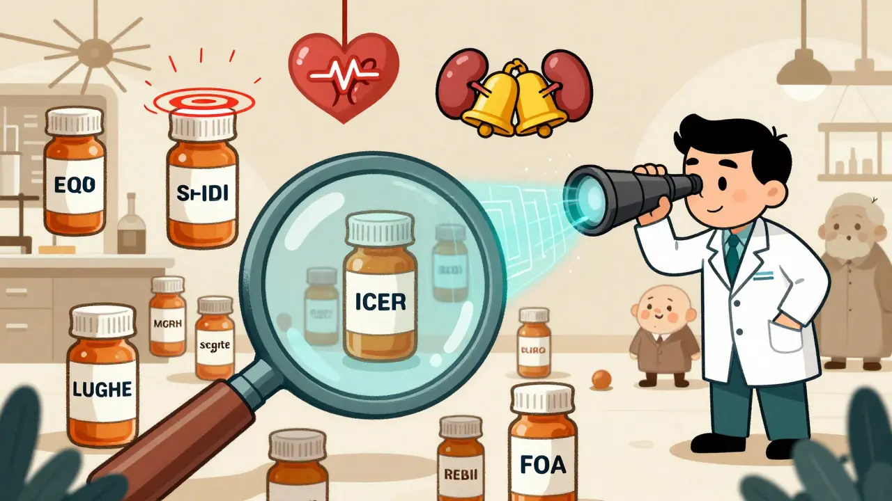 Cartoon magnifying glass analyzing drug bottles with warning ripples, surrounded by patient silhouettes.