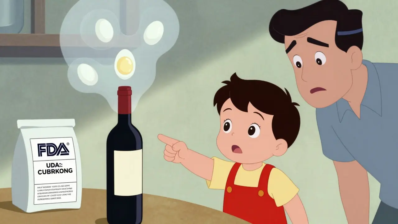 Child pointing at wine bottle with ghostly milk and egg images floating above, no allergen labels visible.