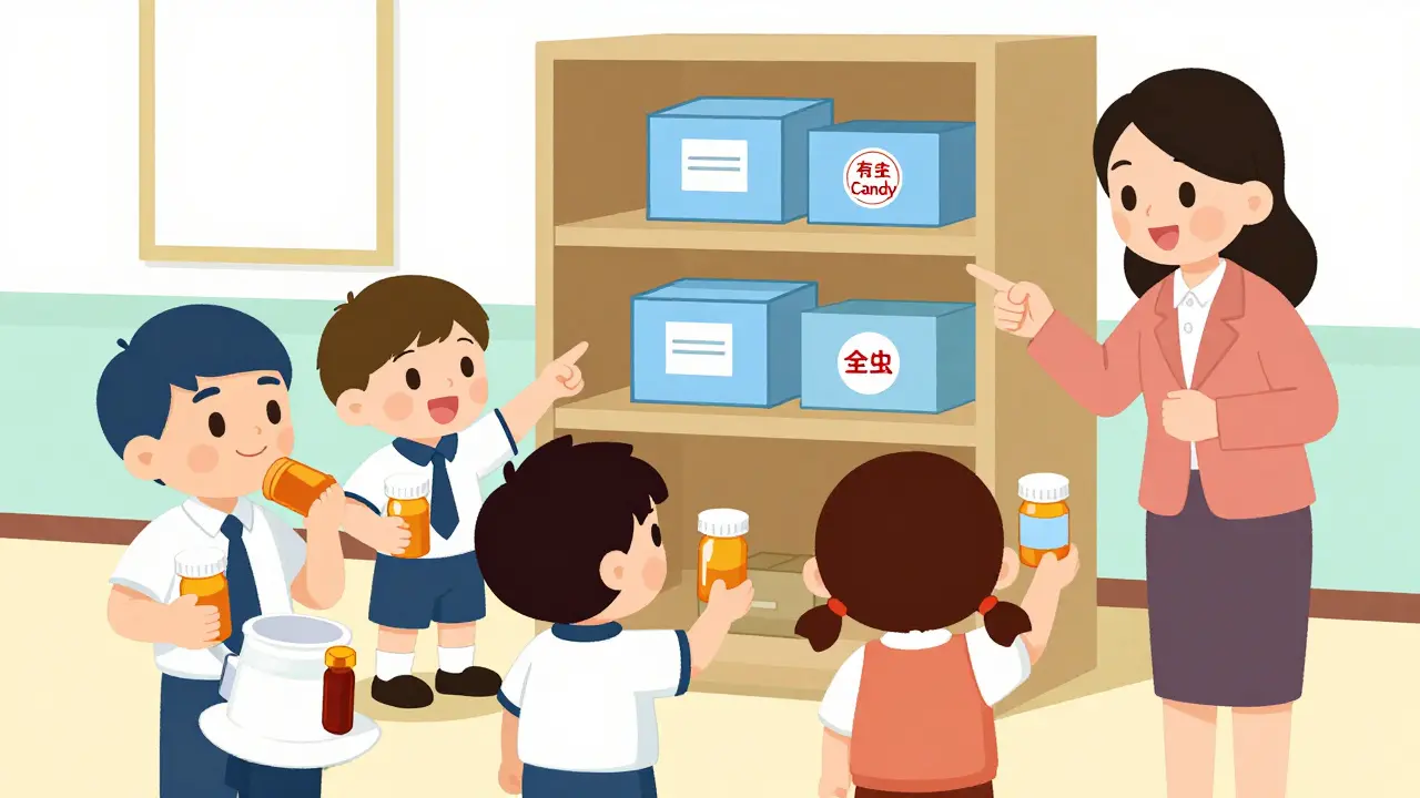 Children in classroom acting as medication safety patrol officers with locked medicine box