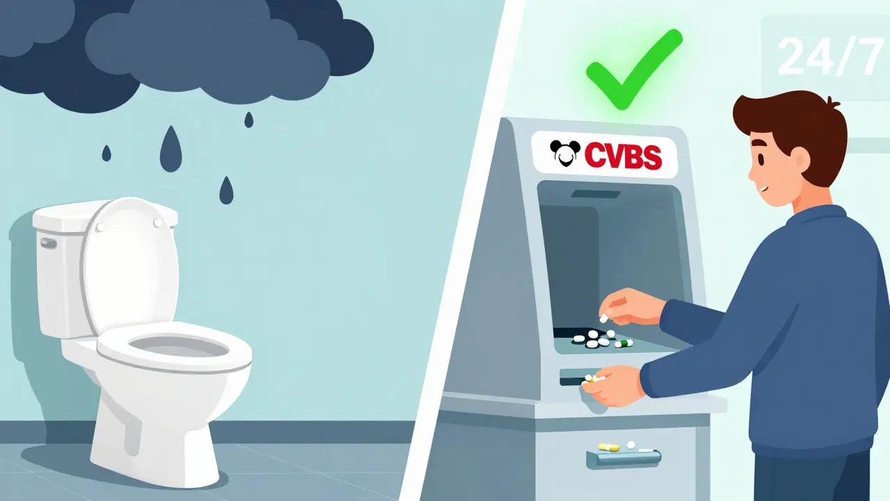 Contrasting disposal methods: flushing meds vs. using a secure pharmacy kiosk.