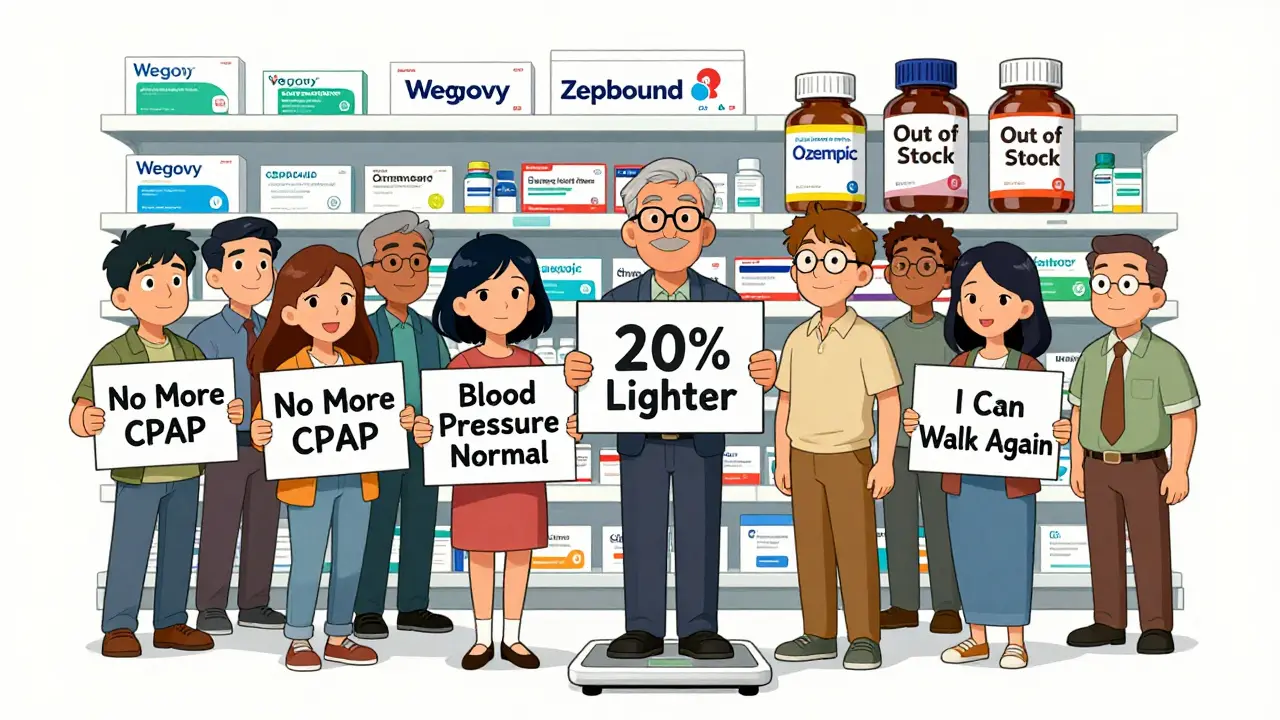 Diverse people holding signs of health improvements beside a pharmacy shelf with GLP-1 drugs.