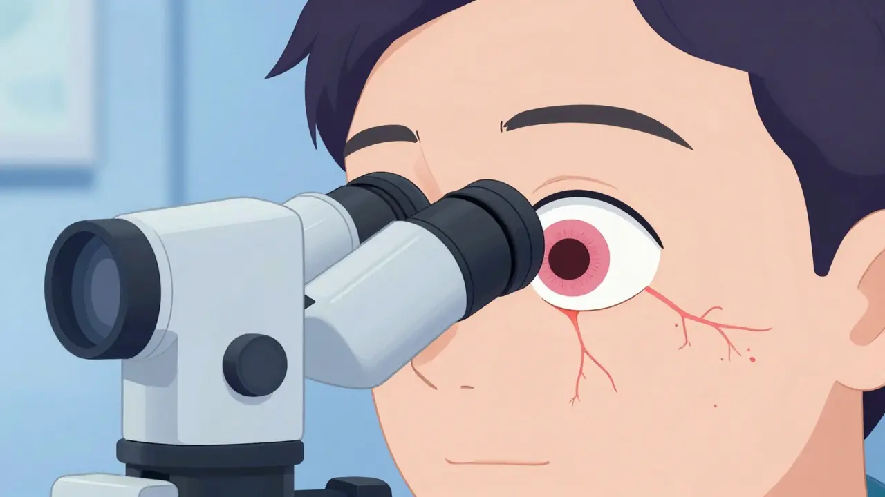 Eye doctor examining a patient's eye with a slit-lamp, showing pterygium growth