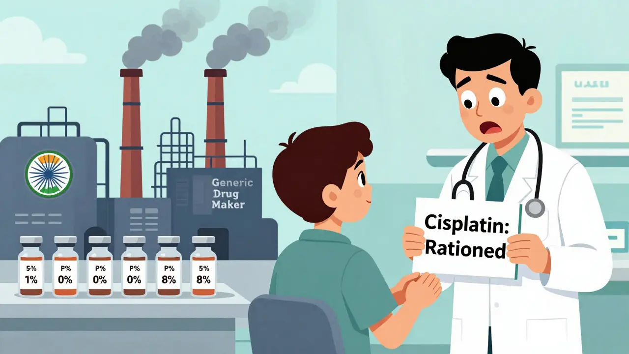 Factory in India producing low-profit drugs vs. U.S. doctor rationing cisplatin with patient.