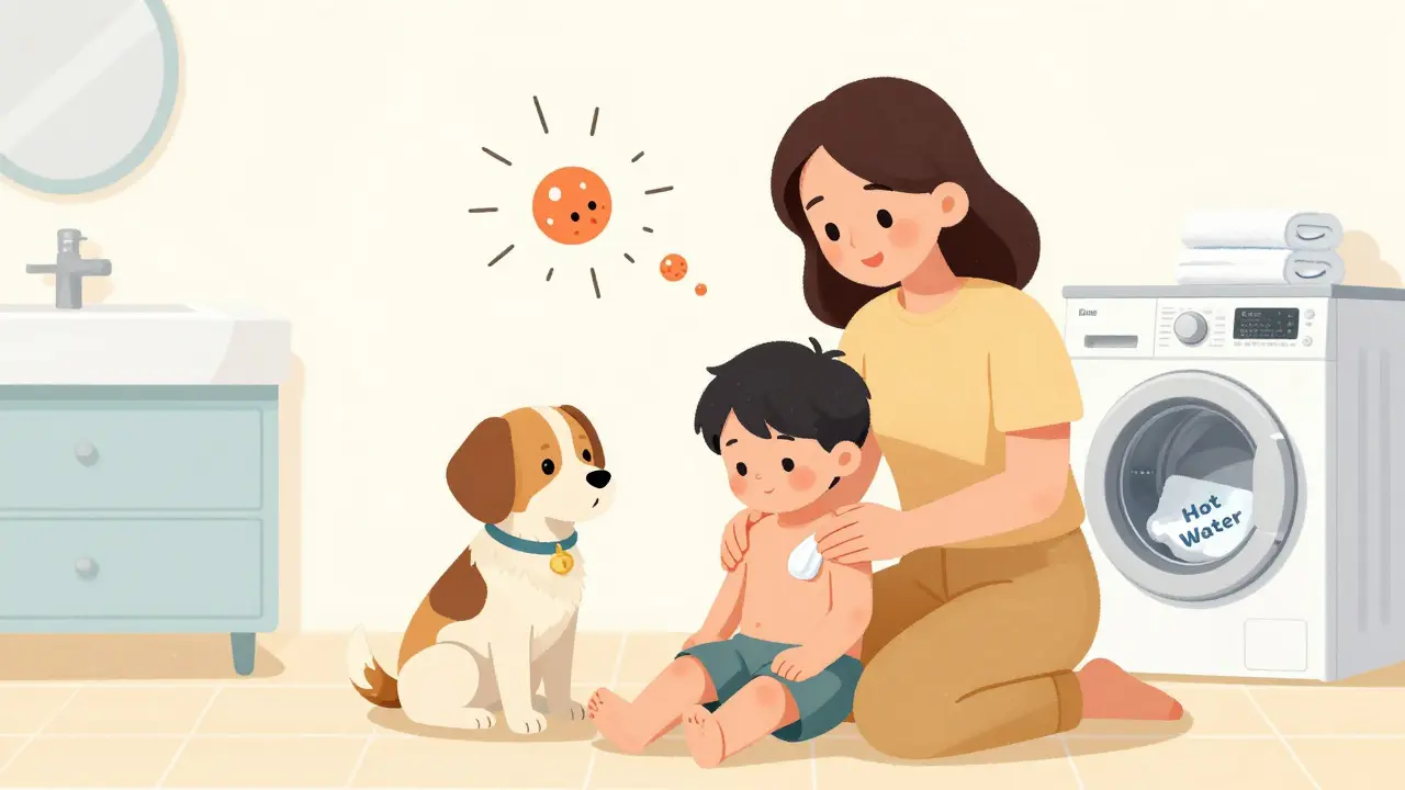 Family applying antifungal cream, dog with patchy fur, washing machine spinning towels in clean bathroom