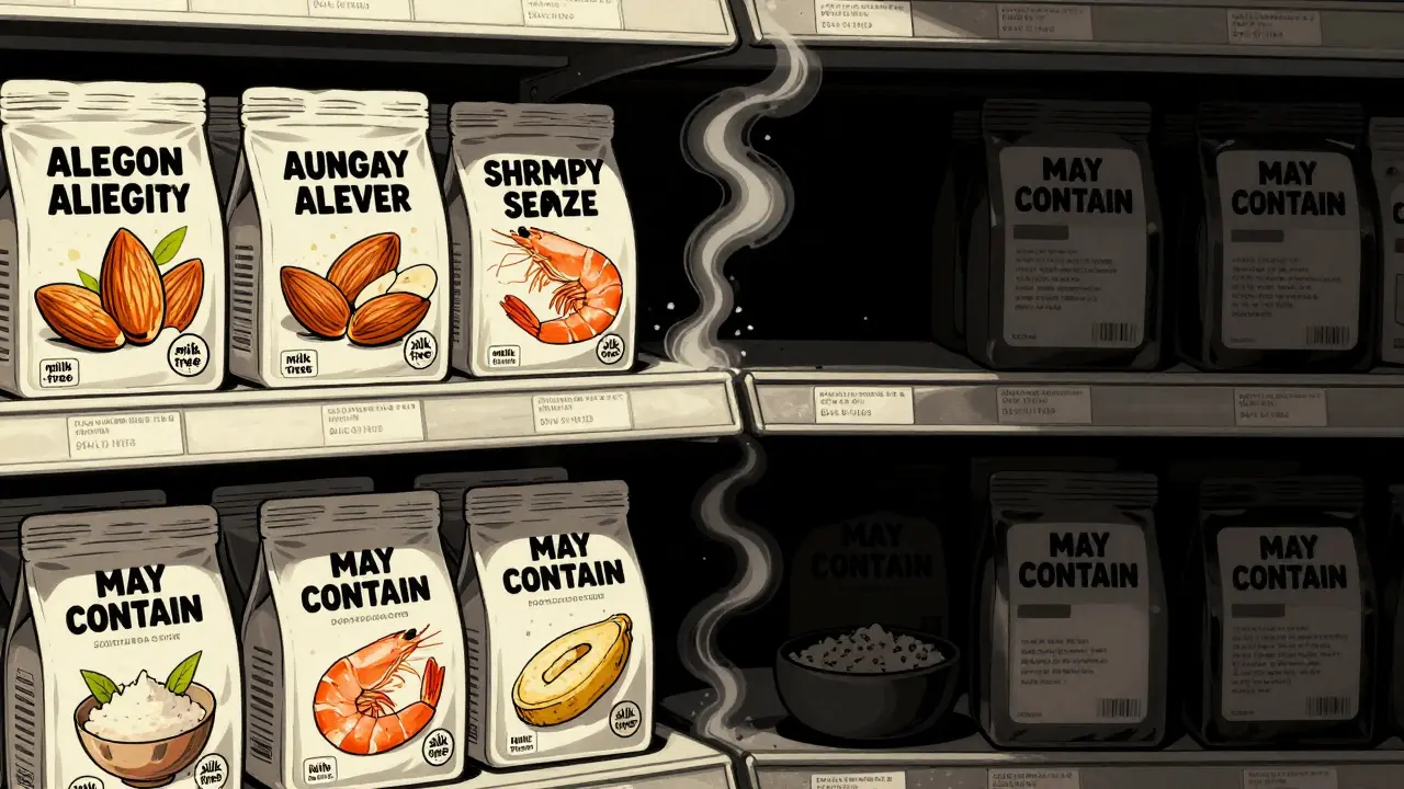 Grocery shelf divided between clearly labeled safe foods and hidden allergens in shadowy products.