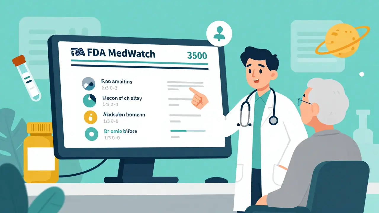 Healthcare provider guiding a patient through the FDA MedWatch reporting form on a screen.