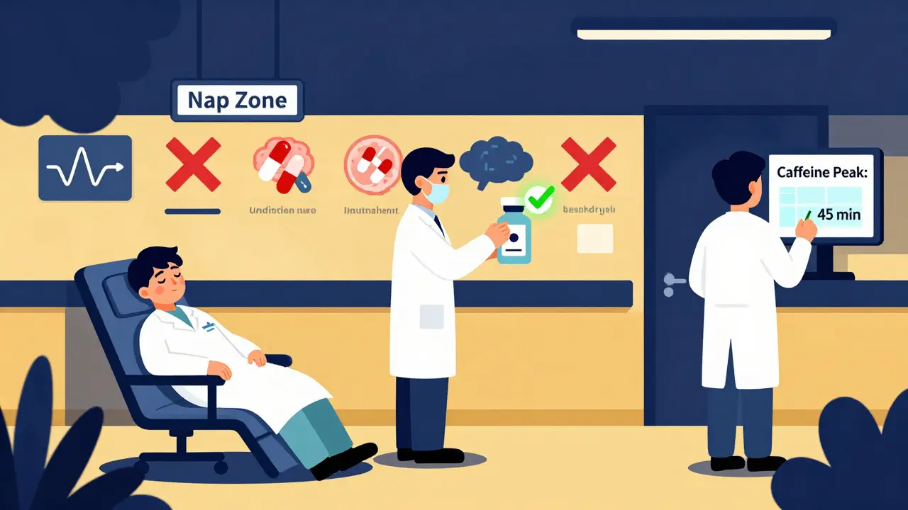 Healthcare workers in a night shift corridor, one napping, another scanning medication, with sleep and warning icons.