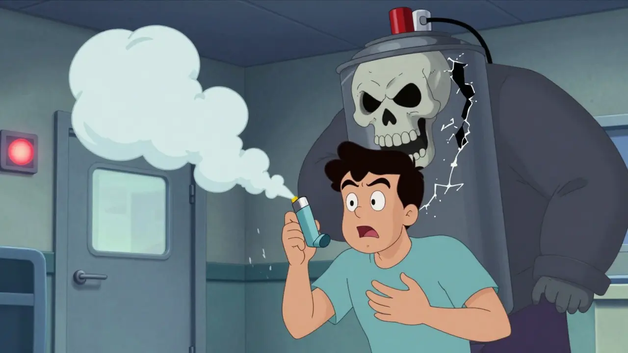 Man having asthma attack as expired inhaler releases only air, with skull-shaped gas cloud