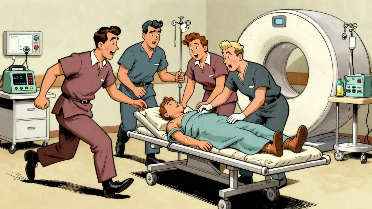 Medical team administering IV meds to patient in hospital bay before CT scan, crash cart visible in background with emergency equipment.