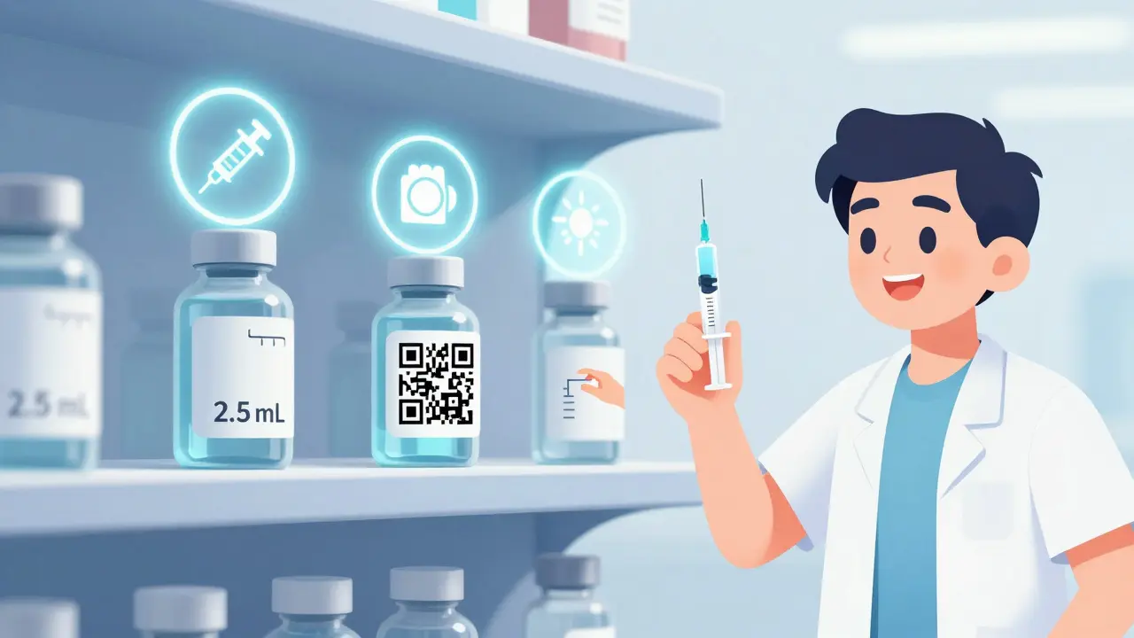 Medicine bottles with pictogram guides and QR codes on a 2026 pharmacy shelf in UPA style.