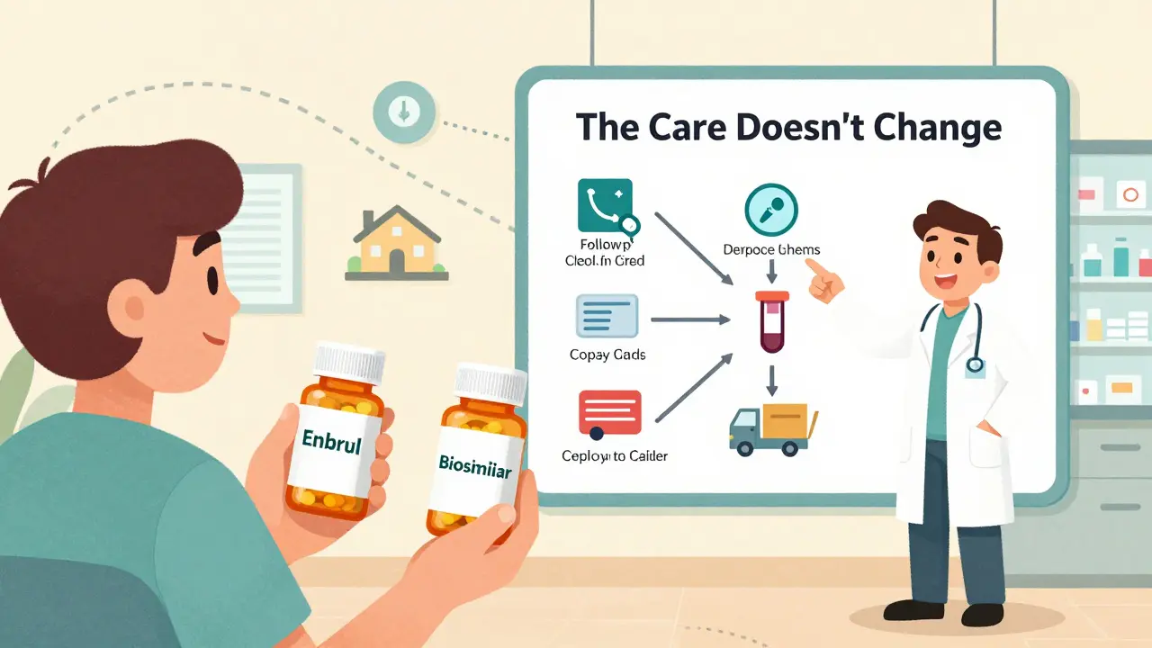 Patient holding generic and brand bottles while pharmacist explains identical care processes in cartoon style.