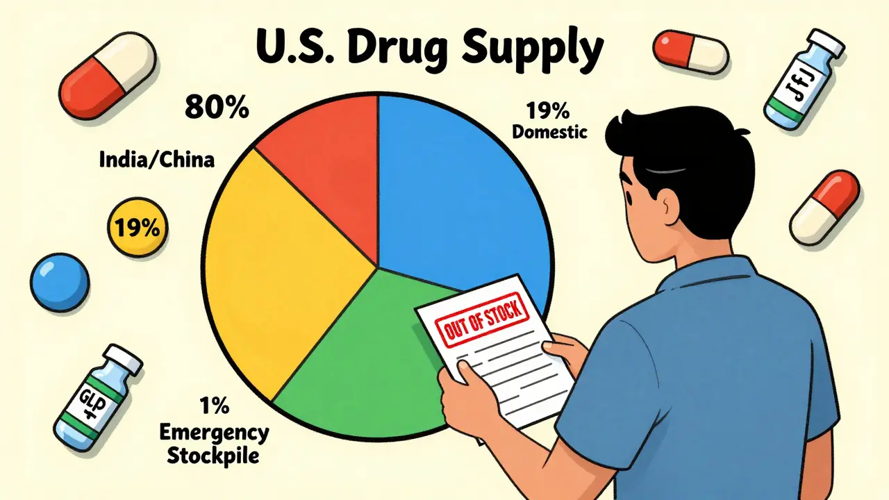 Patient with out-of-stock prescription beside pie chart showing global drug supply imbalance.