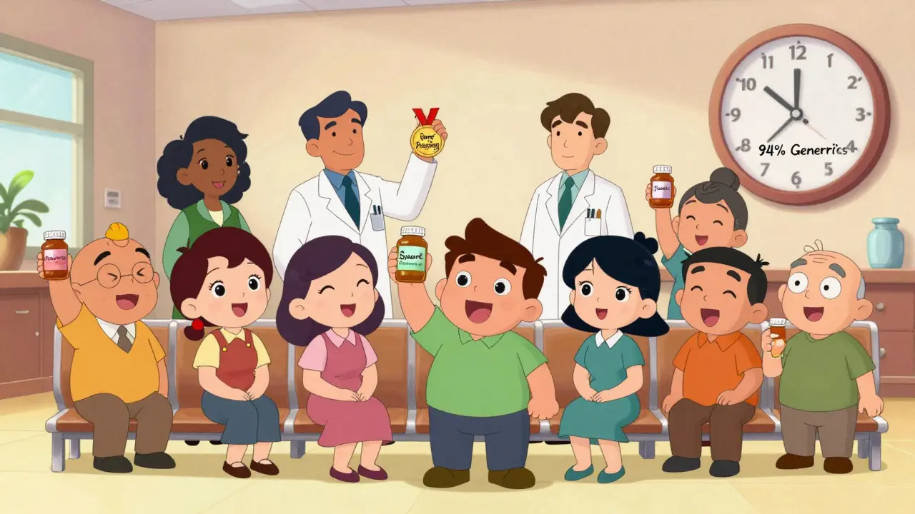 Patients holding generic pills like trophies as doctors receive awards
