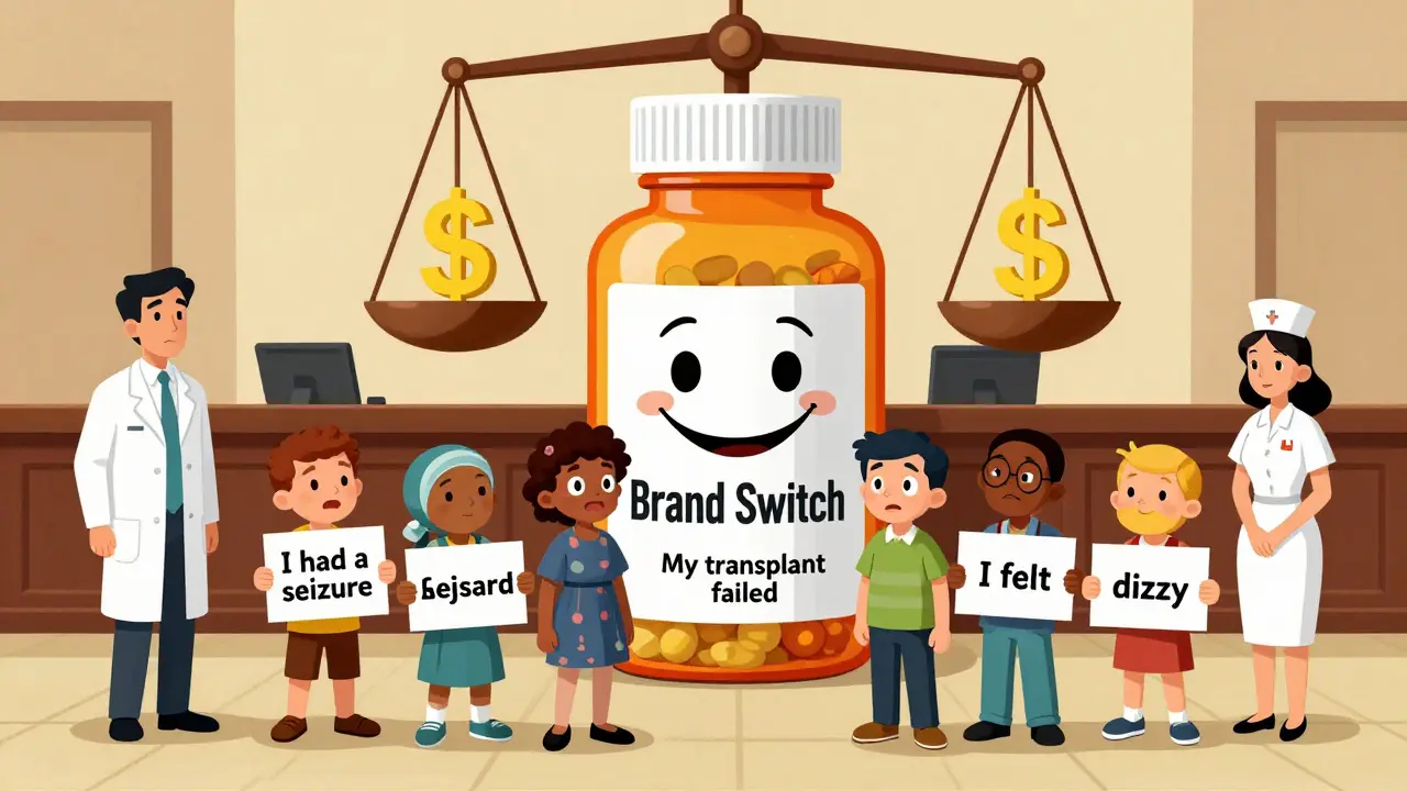 Patients holding signs of adverse effects before a giant pill bottle labeled 'Brand Switch'.
