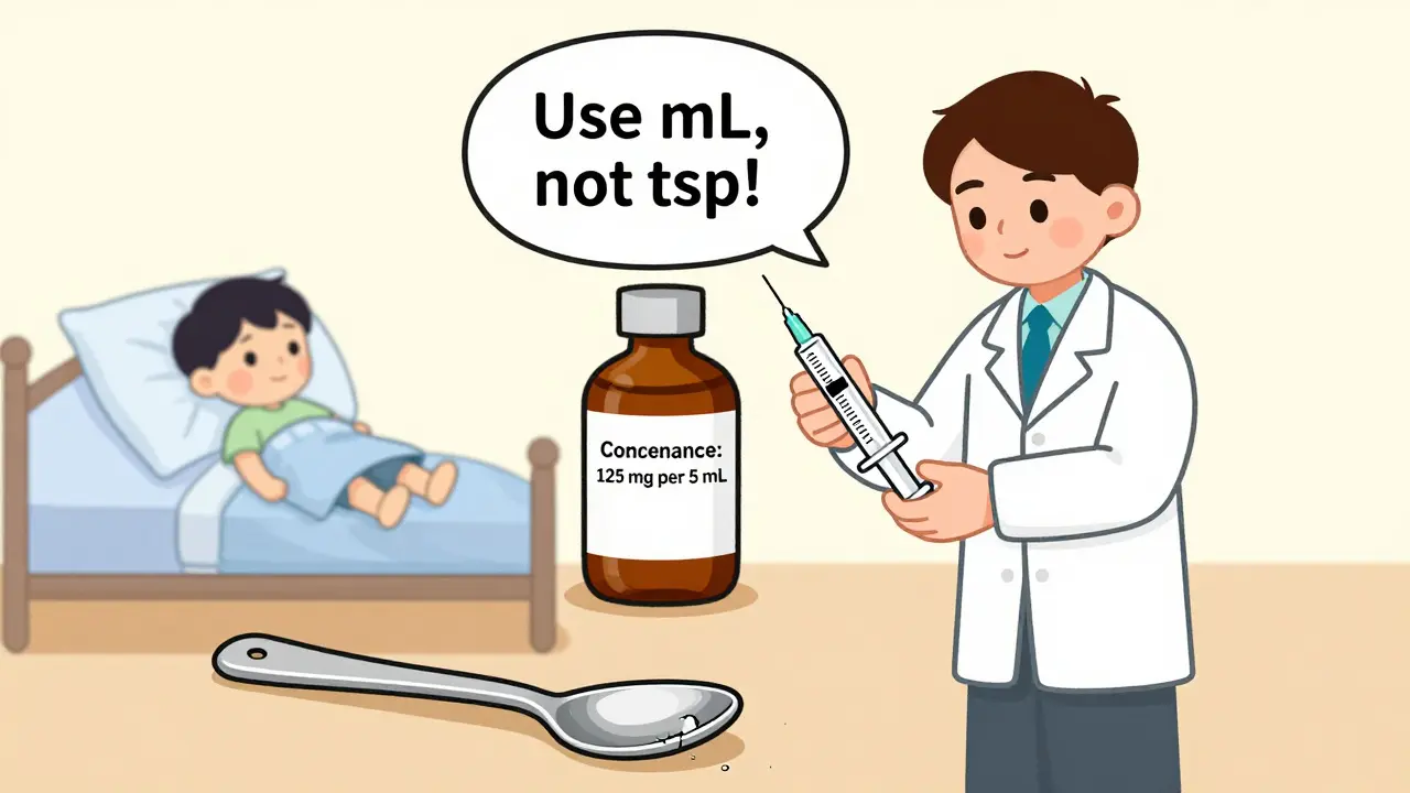 Pharmacist showing correct liquid measurement with syringe while discarded spoon lies nearby.