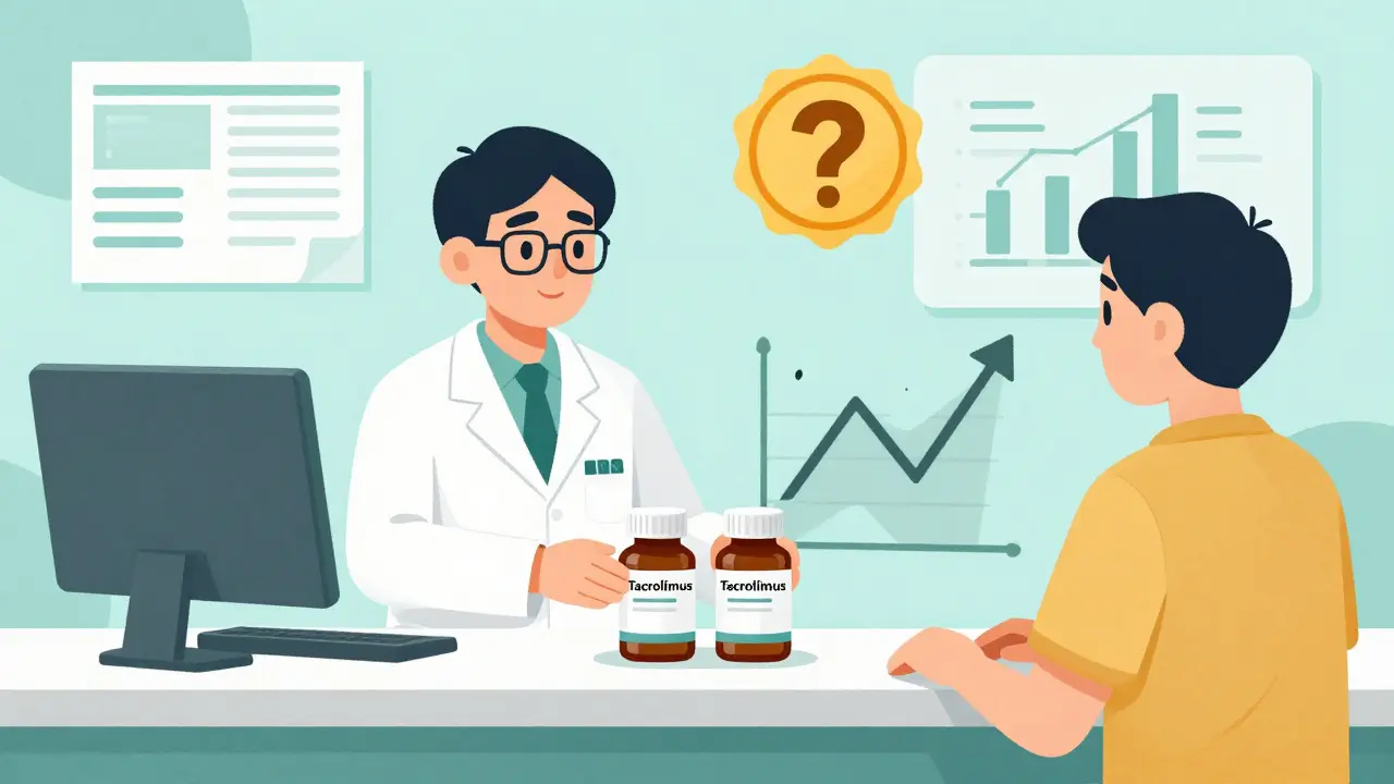 Pharmacist swapping tacrolimus bottles while patient's body shows erratic blood level graph.