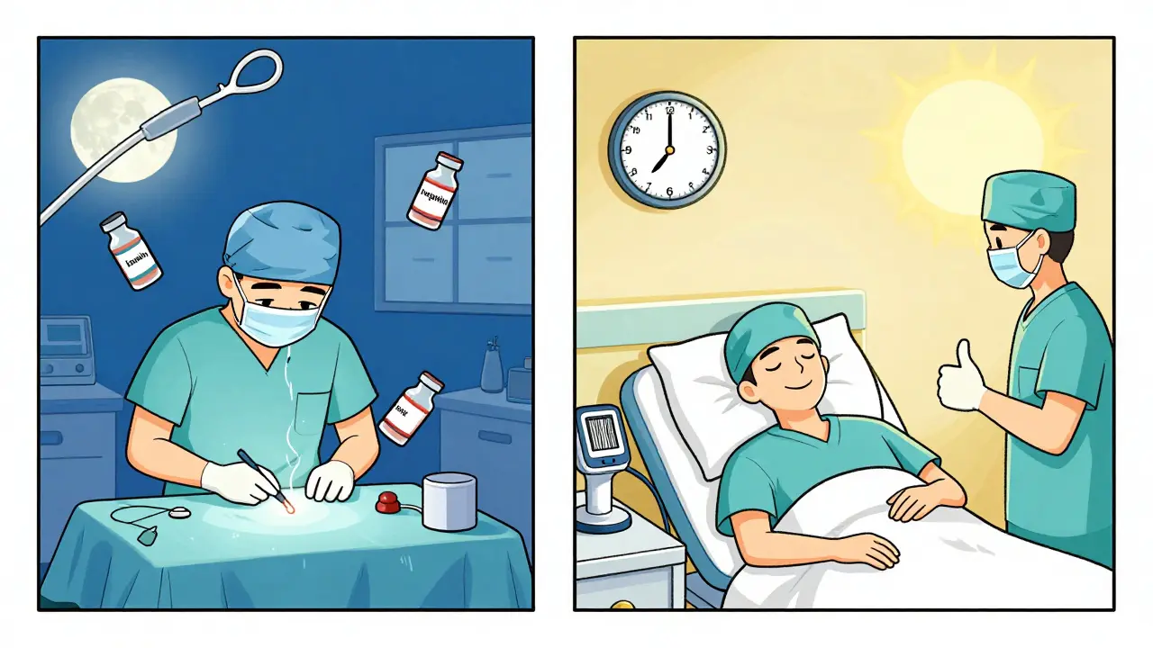 Split image of a surgeon tired versus rested, with spinning meds on left and safe scanning on right.