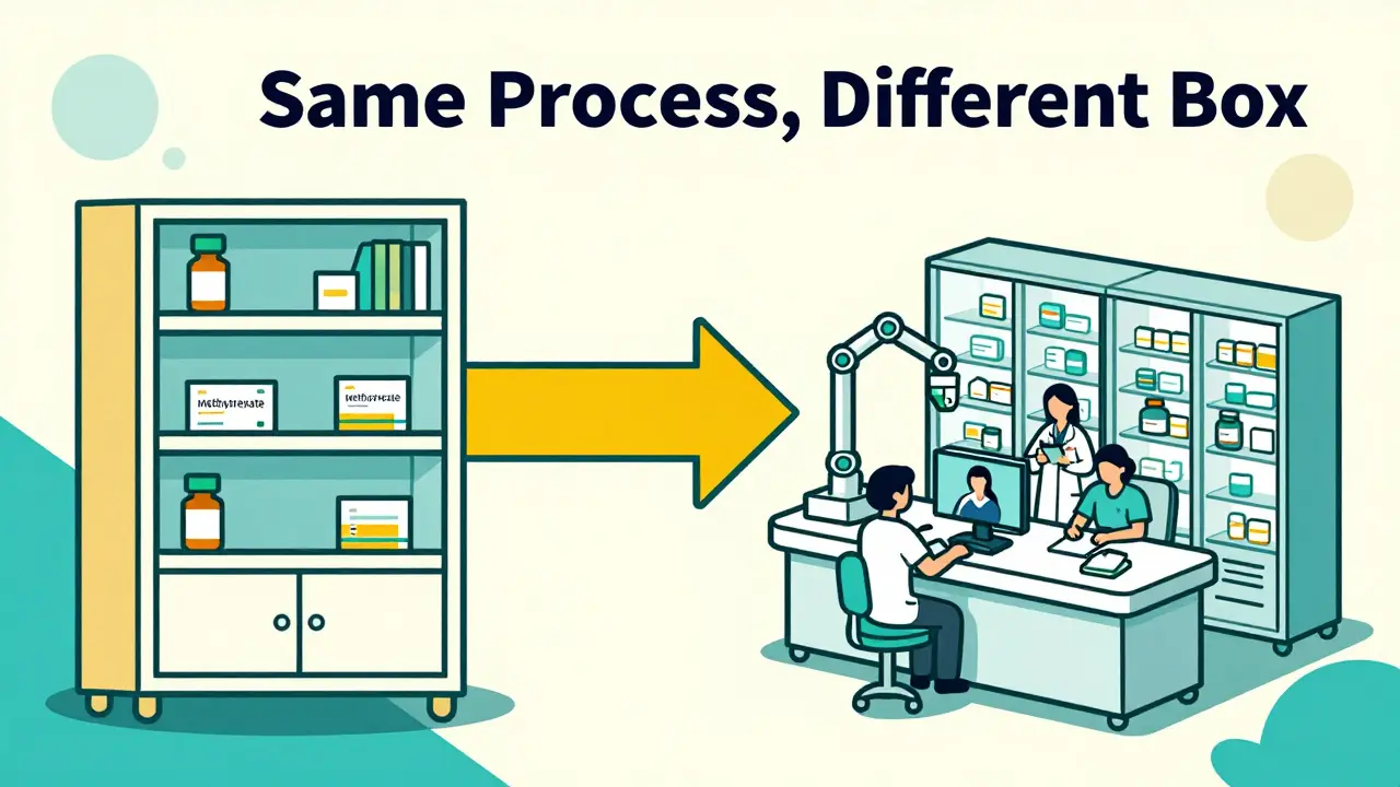 Split scene comparing traditional pharmacy to specialty hub with icons of logistics and patient support.