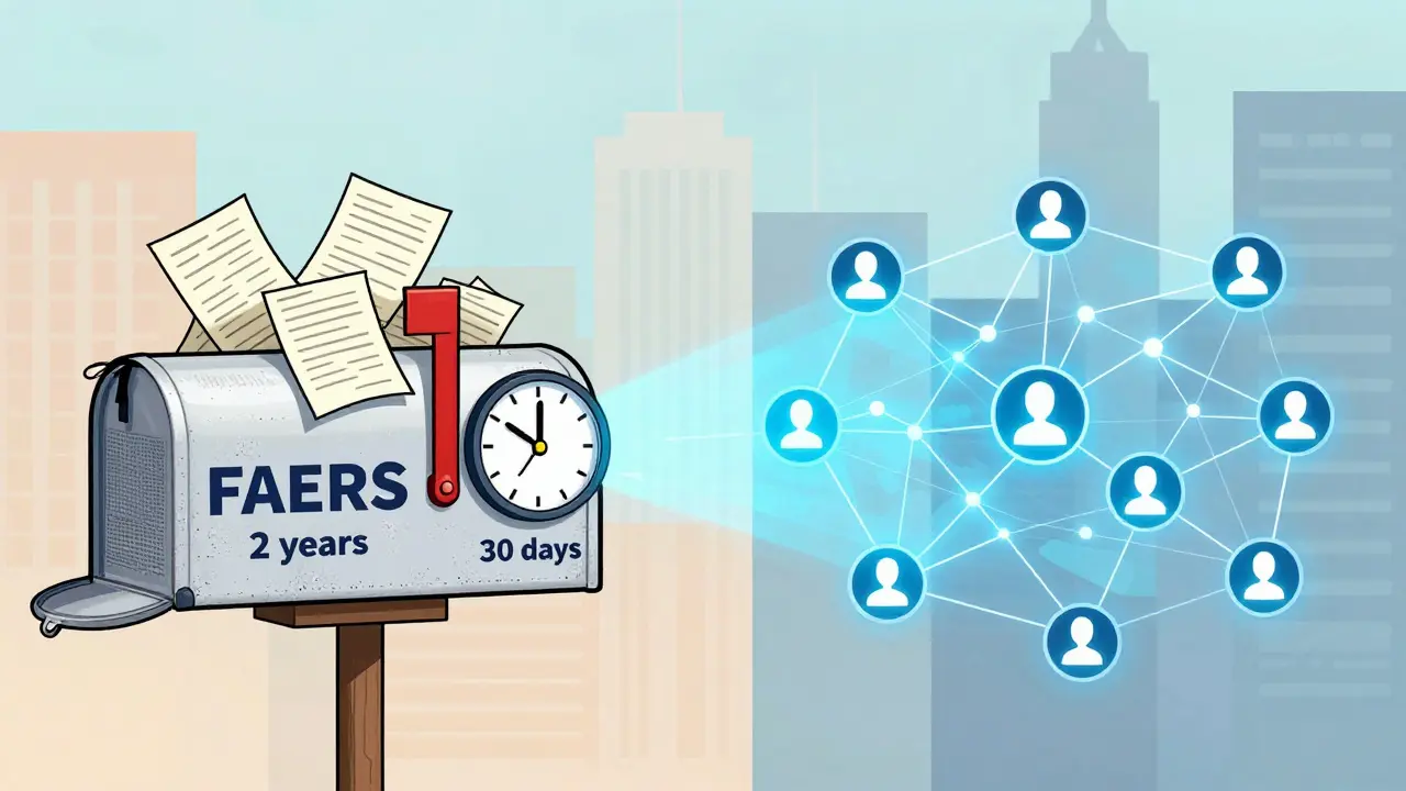 Split scene: messy FAERS mailbox vs. sleek Sentinel network with time comparison.