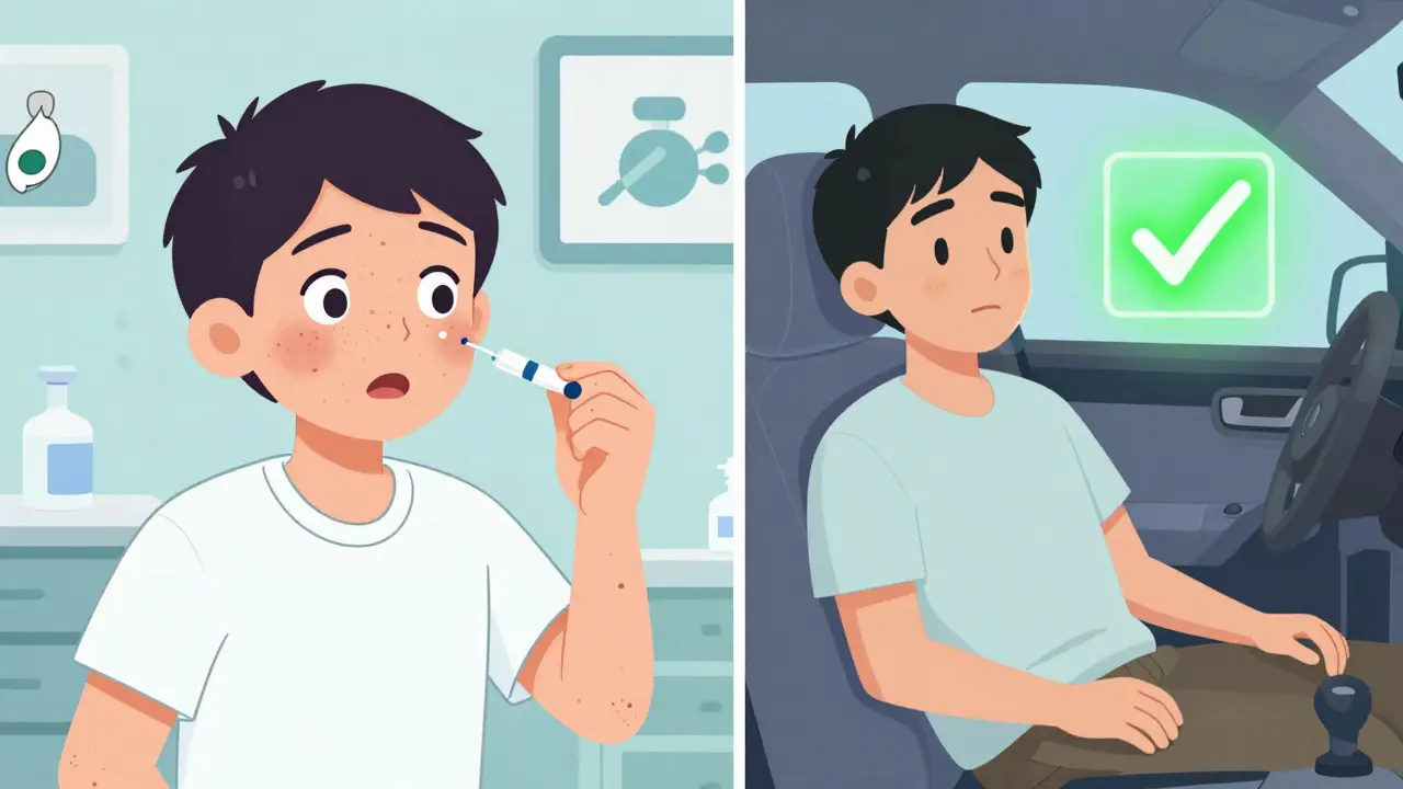 Split scene: one side shows mild reaction to contrast dye, other side shows same patient calm and ready for scan with driver waiting.