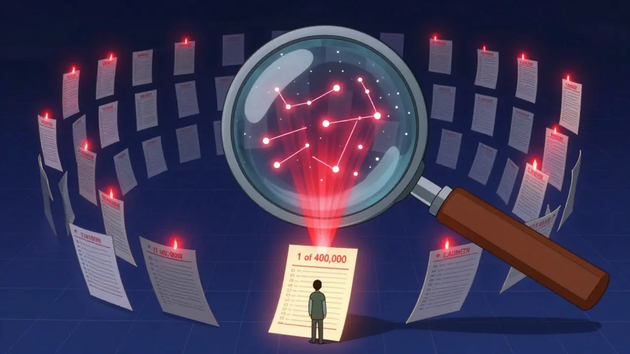 Thousands of adverse event reports forming glowing patterns under a magnifying glass with AI signals.