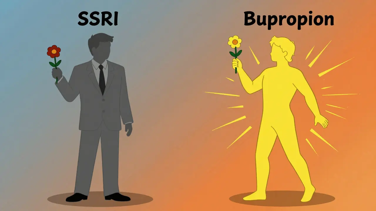 Two figures side by side: one dull and suppressed, the other bright and vibrant, representing antidepressant effects on libido.