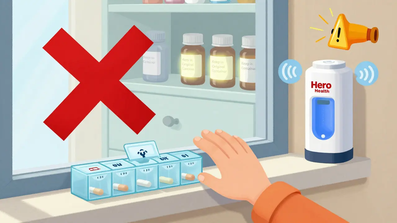 A child reaching for an unlocked pill organizer as a red warning flashes, while sealed medicine bottles and a smart dispenser sit safely in the background.