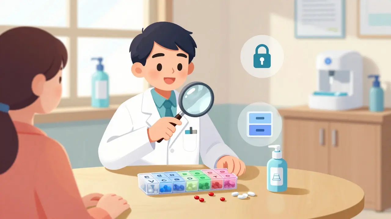 A pharmacist guiding a patient to safely load a color-coded pill organizer with alcohol wipes and a clean workspace in view.