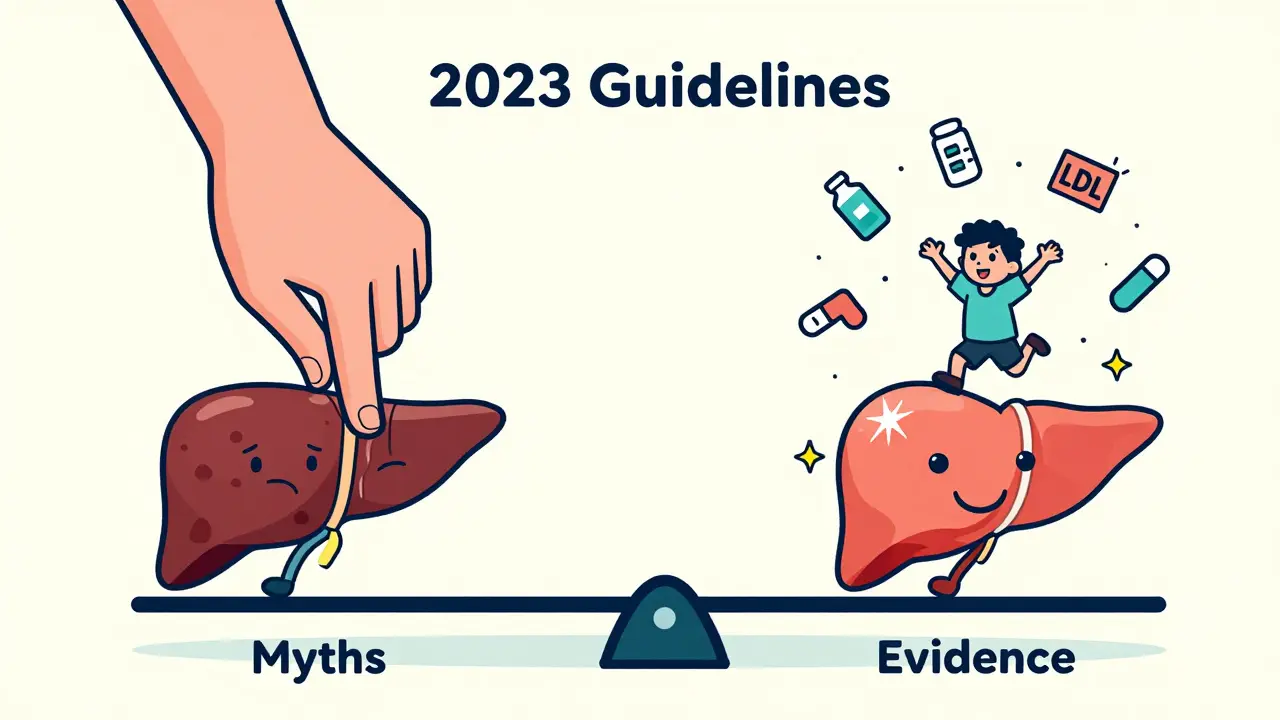 A seesaw balancing myths against evidence, with a liver and heart icons, as guidelines tip the scale toward health.