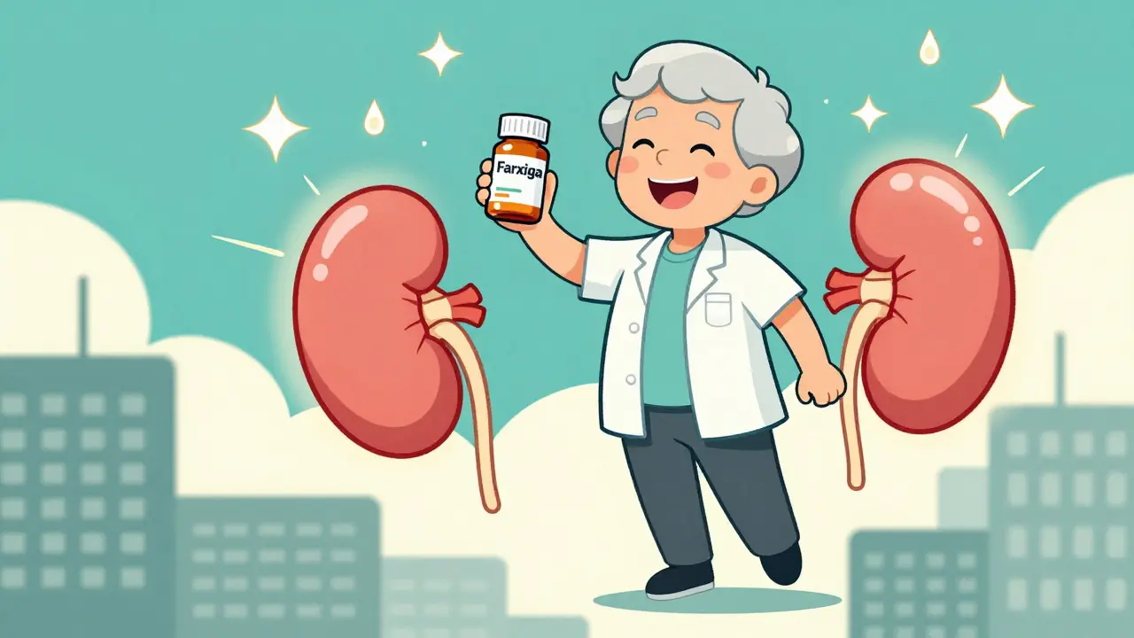 An older person holding a diabetes pill as hearts and kidneys glow with health.