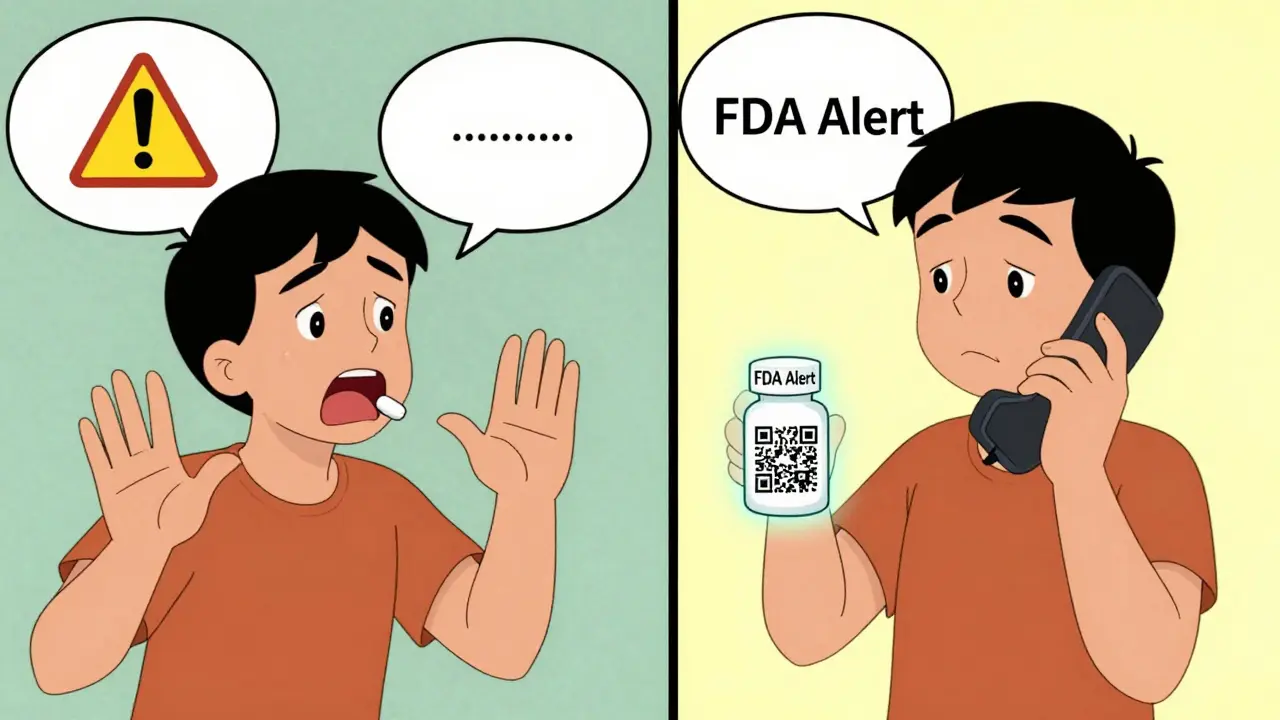 Contrast between stopping meds in panic vs. calling pharmacist calmly.