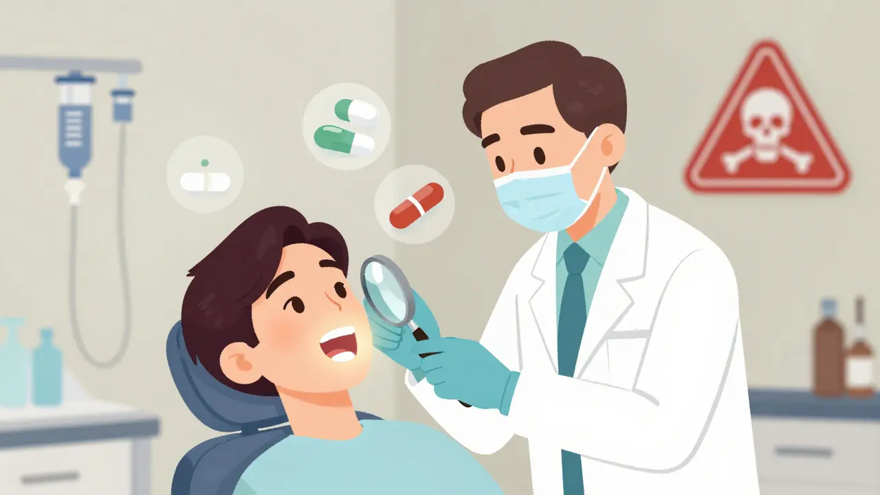 Dentist detecting jawbone exposure in patient with medication icons nearby